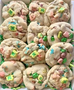 Homemade Lucky Charm cookies topped with colorful marshmallows for St. Patrick's Day dessert catering in Charleston SC.