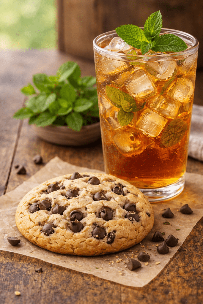 Mint chocolate chip cookies and tea dessert service