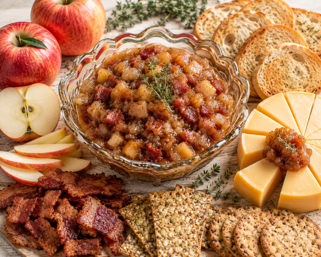 Sweet and savory apple bacon chutney made with fresh apples and smoky bacon, served with cheese, crackers, and sliced apples.