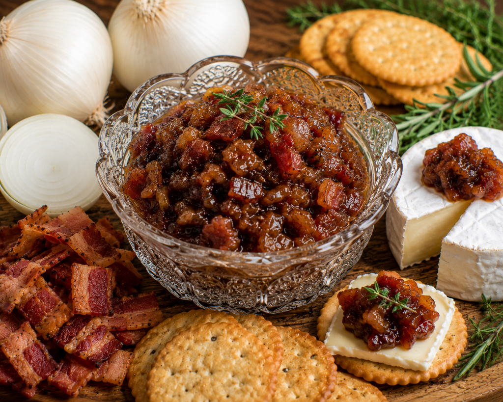 Sweet and savory Bacon Onion Chutney made with caramelized onions and bacon, served with Brie cheese and crackers.
