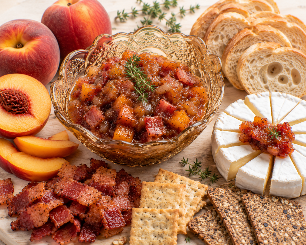 Sweet and savory peach bacon chutney made with fresh peaches and smoky bacon, served with Brie, crackers, and sliced bread.