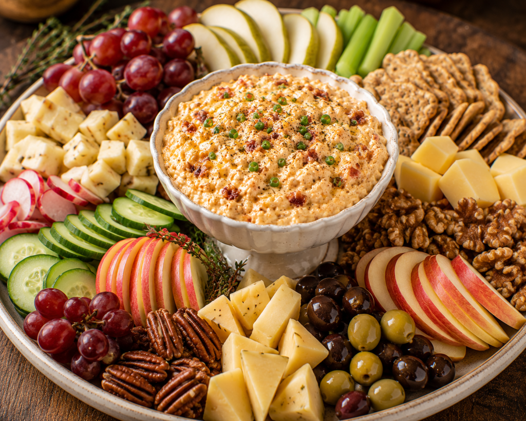 Gouda Cheese charcuterie board with assorted cheeses, crackers, apples, grapes, cucumbers, olives, pecans and walnuts.