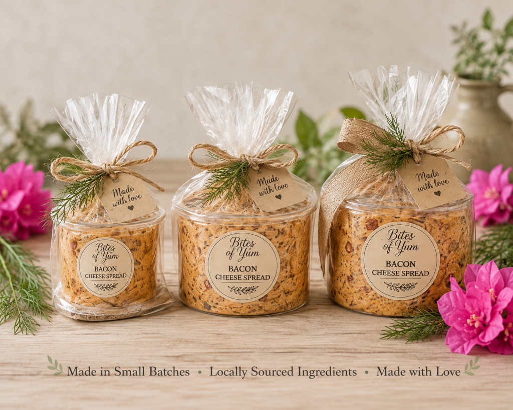 Small-batch bacon cheese spread packaged in three gift-ready containers with rustic twine and fresh herb accents.