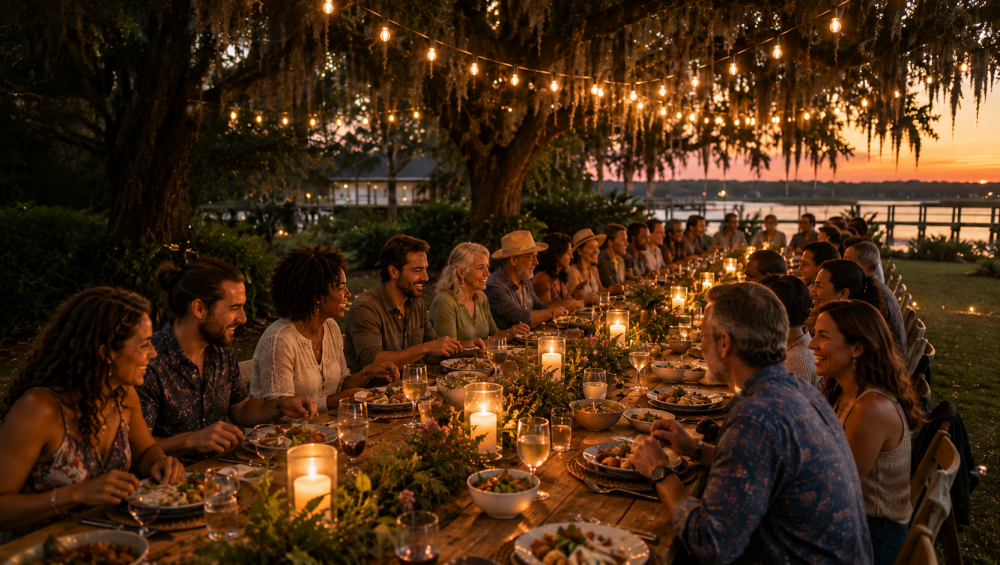 Guests enjoying a catered outdoor dinner beneath string lights and live oaks overlooking the water at sunset in Charleston, South Carolina.