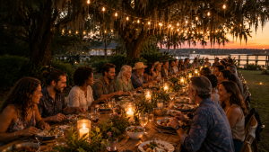 Guests enjoying a catered outdoor dinner beneath string lights and live oaks overlooking the water at sunset in Charleston, South Carolina.