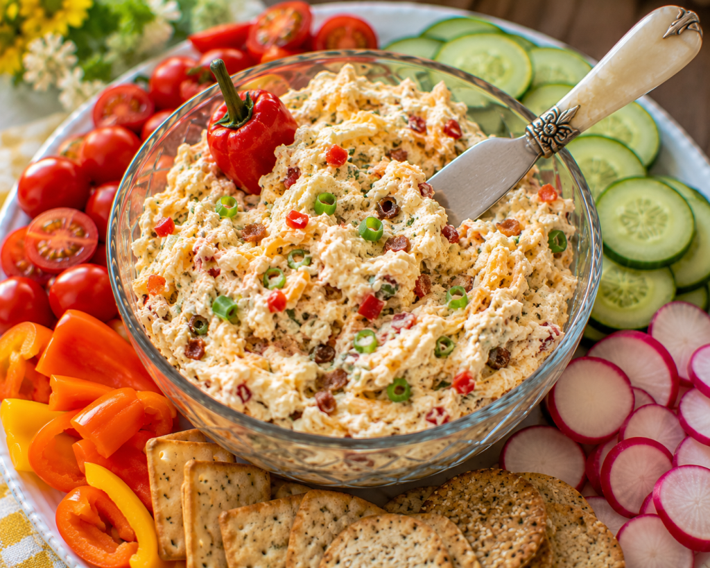Fiesty Pepper Jack cheese spread served with fresh cucumbers, tomatoes, radishes, peppers and assorted crackers.