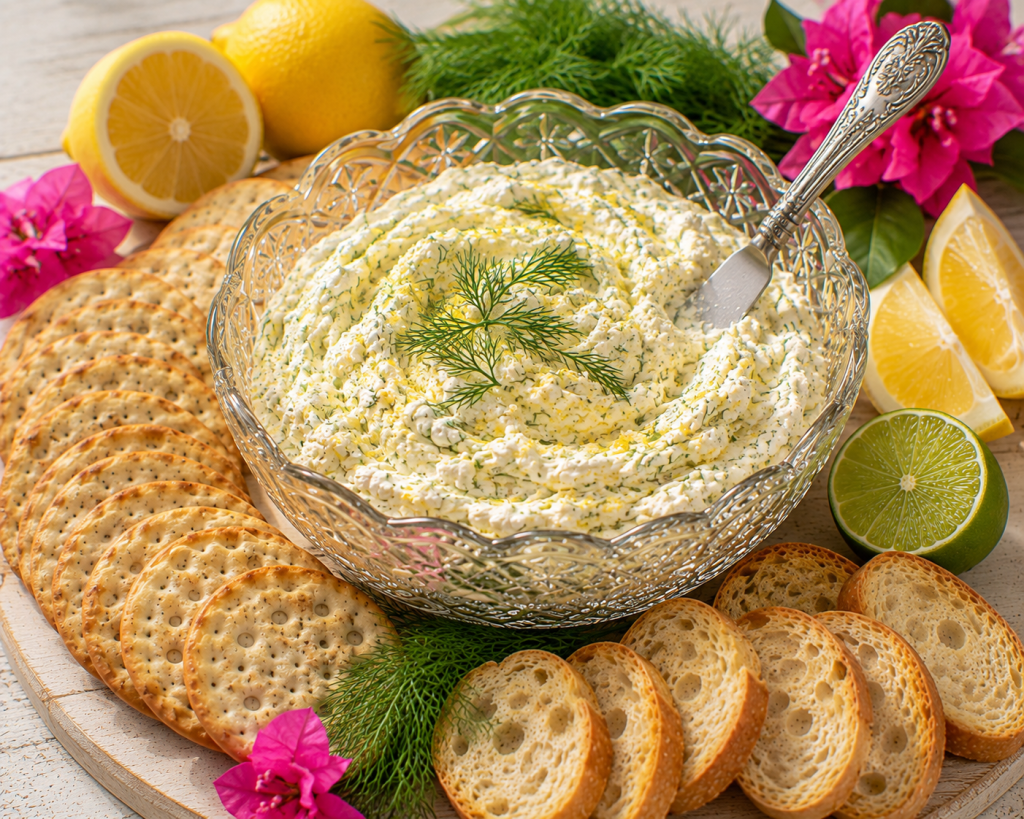 Creamy Feta citrus spread garnished with fresh dill and lemon zest, served with crackers and toasted bread.
