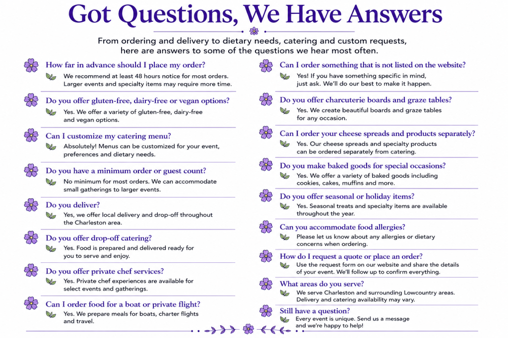 Bites of Charleston catering FAQ covering ordering, delivery, dietary options, custom menus, charcuterie, baked goods, private chef services, boat and private flight catering, and Charleston service areas.