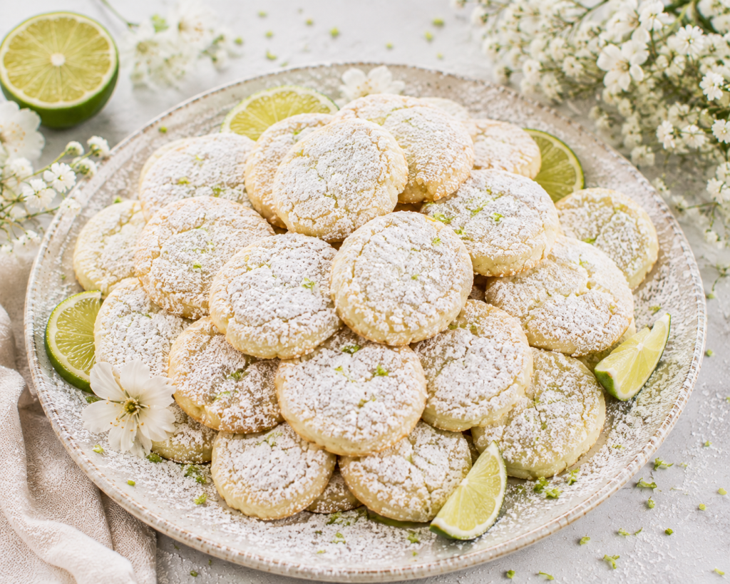 Key lime cooler cookies dusted with powdered sugar and lime zest, served with fresh lime wedges.