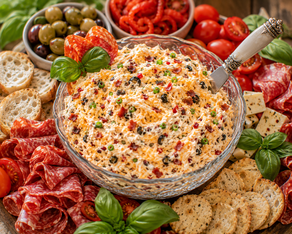 Feta olives, peppers and green onions surrounded by crackers, meats, cheeses and tomatoes.