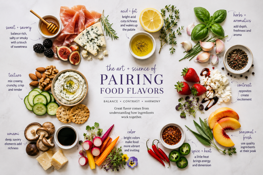 Discover the art and science of food flavor pairings and how seasonings, meats, cheeses, fruits and vegetables work together beautifully.