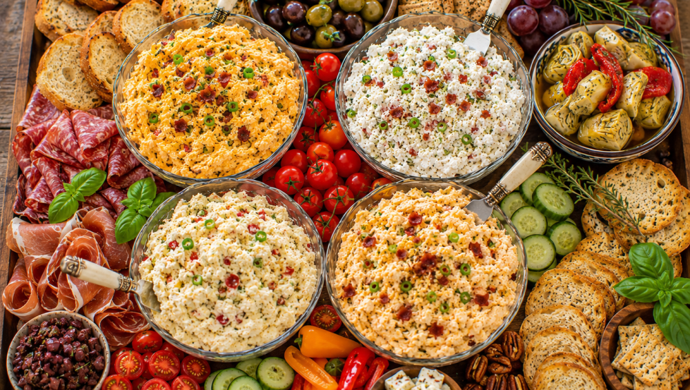 A variety of cheese spreads including Sharp Cheddar Bacon Onion Spread with crackers and vegetables