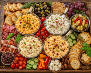 A variety of cheese spreads including Sharp Cheddar Bacon Onion Spread with crackers and vegetables