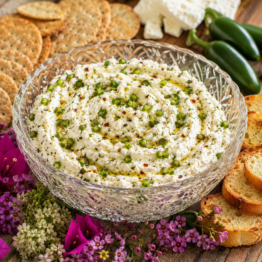 Creamy jalapeño cheese spread topped with diced jalapeños, herbs, red pepper flakes, and olive oil, served with crackers and toasted bread.